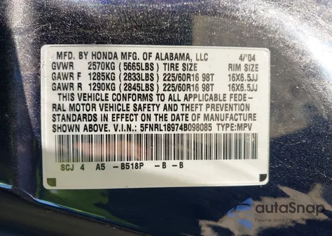 2004 Honda Odyssey Ex-L from USA, damaged, VIN 5FNRL18974B098085